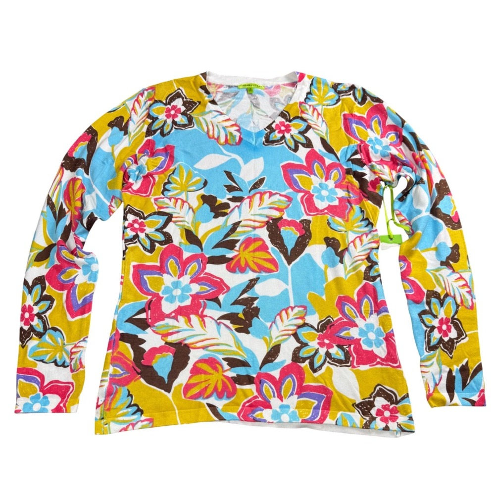 Trisha Tyler Floral V-Neck Sweater Women Small Tropical Colorful Mod Lightweight